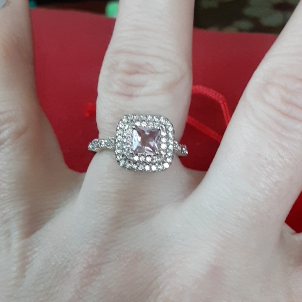 Pink topaz and CZ baguettes 925 silver ring.